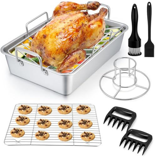 P&P CHEF Roasting Pan Set (8 PCS), 14 Inch Stainless Steel Turkey Roaster Pan, Flat & V-shaped Roasting Racks & Beer Can Chicken Holder, Meat Claws & Tenderizer, Brush, Healthy & Heavy Duty