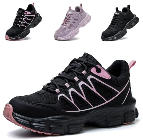 Chaussure de Sécurité Femme Légère et Confortable Basket de Securite Respirante Antidérapante Chaussures de Travail en Acier Toe Anti-crevaison, Noir Rose, EU 36