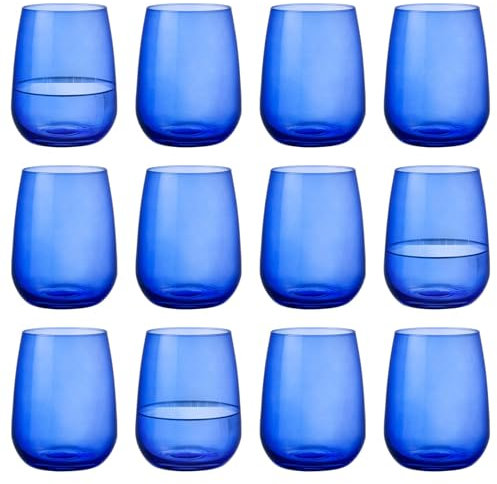 Bormioli Rocco 12x Blue 430ml Restaurant Glass Tumblers - Tall Large Highball Water Whiskey Whisky Wine Juice Gin Cocktail Drinking Glasses Set
