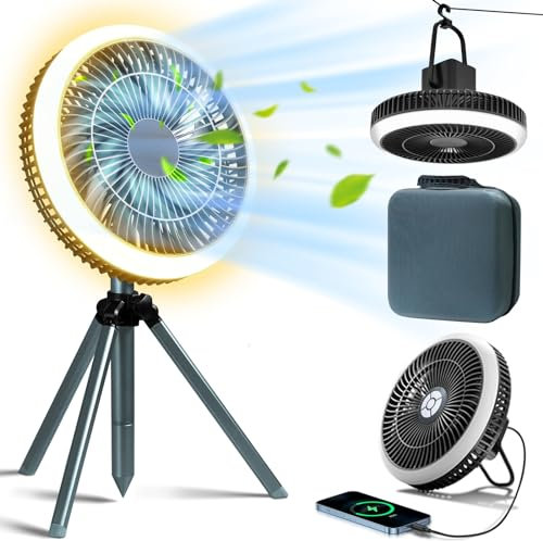 Portable Camping Fan with USB Rechargeable 10000mAh Battery, LED Light, Tripod, Timer, 4 Speeds, Silent Desk Fan for Tent, Bedroom (Black)