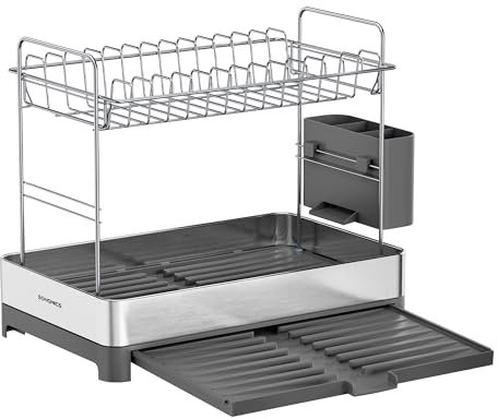 SONGMICS 2 Niveaux Égouttoir à Vaisselle, Séchoir à Vaisselle, Porte-Vaisselle en Acier Inoxydable avec Porte-ustensiles, Antirouille, pour Vaisselle, Couteaux, Cuillères, Argenté et Gris KCS036G01