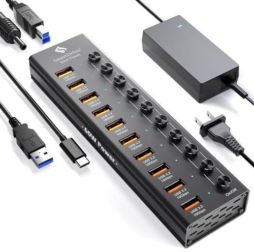 SmartDelux USB 3.2 auf Typ A Adapter, Typ C Hub, 10 Gbps, 10 Anschlüsse, einzelne LED Schalter, 60W Netzteil Adapter