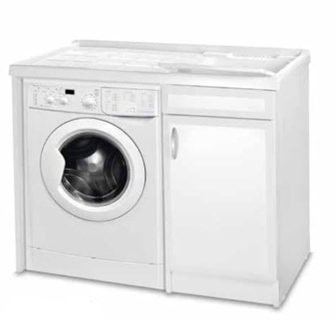 Mueble lavadero de 105 x 60 cm de PVC con bañera de resina para lavar la lavadora, color blanco (bañera a la derecha)