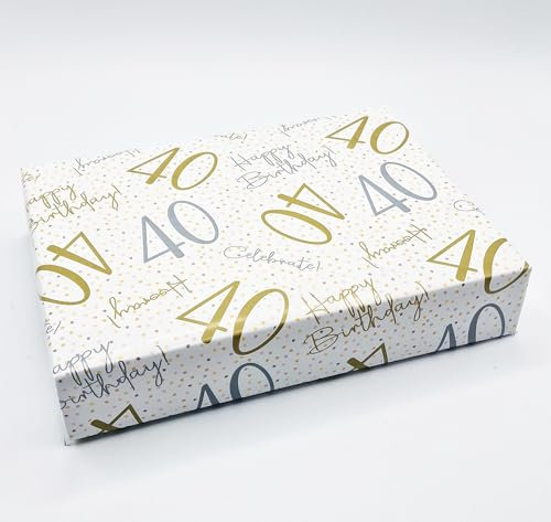 Party Angels Limited 40. Geburtstag Geschenkpapier, Unisex, 4 Bögen, 50 cm x 70 cm, Weiß, Gold, Silber, Hooray, Feiern, Männer, Frauen, 4 Anhänger