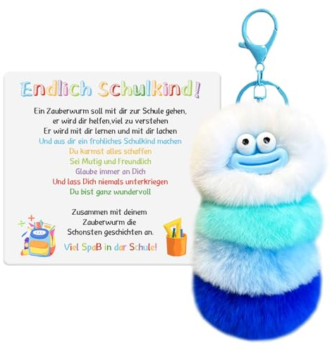 Einschulung Geschenk Schlüsselanhänger Schulkind Geschenke zum Schulbeginn Glücksbringer Schulanfang Schlüsselanhänger Zauberwurm Plüsch (weiß und blau)