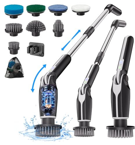 Electric Spin Scrubber, NEW Upgraded Electric Scrubbing Brush with Adjustable Handle & 8 Replaceable Heads, Remote Control Electric Scrubber for Bathtub,Tile,Kitchen,Glass-Black and White