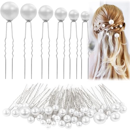 Hengxinchen 50 Stück Haarschmuck Hochzeit mit Perlen U-förmig, U-Form Braut Haarschmuck mit Perlen in Gold, Hochzeit Haarnadeln mit Perlen klein, für Brautfrisuren und Brautjungfernfrisuren (Silber)
