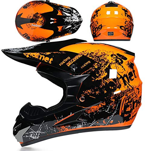 SMTSEC Motorradhelm Cross Damen Herren Full Face MTB Helm Motocross Helm DOT/ECE-Zertifizierter Mit Schutzbrillen Maske Handschuhe Downhill Helm Mopedhelm Schutzhelm Für Cruiser Chopper,Orange/B-M