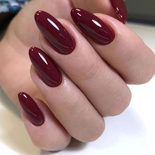 LunarCharm Lot de 30 faux ongles courts à press-on, réutilisables, en forme d'amande, avec colle à ongles, pastilles adhésives et lime à ongles, rouge vin