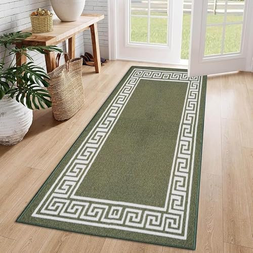 Cozy Haven Athena Runner Rug – Large Non-Slip Washable Carpet for Living Room, Bedroom, Hallway, Lounge, Dining, Kitchen, Modern Indoor Long Floor Runners (Green & Cream, 66x220 cm)