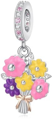 Alstiva Bunter Blumenstrauß Charm-Anhänger 925 Sterling Silber 5A Zirkonia Charm Anhänger für Armband Charm Bead Pendant für Europäische Armbänder Halsketten Schmuck Geschenk für Frauen Freundin Damen