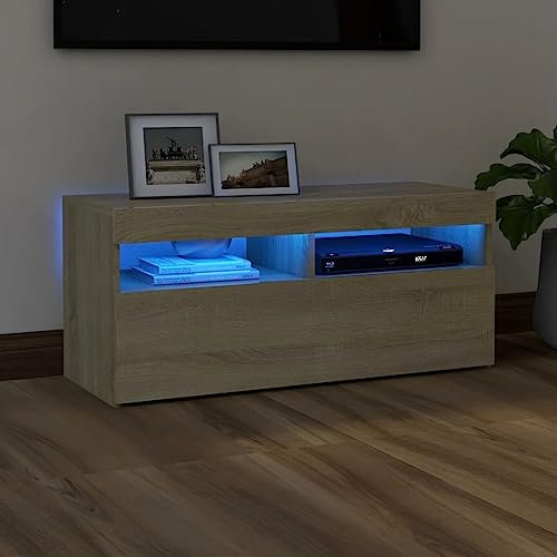 CINDERFUL TV-Schrank mit LED-Leuchten Sonoma-Eiche 90x35x40 cm,Modernes TVRegal mit stimmungsvoller LEDBeleuchtung für stilvolles WohnzimmerAmbiente TV-Möbel, TV-Bänke