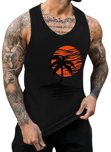 IWOLLENCE Mens Vest Tops Cotton Summer Hawaiian Printed Round Neck Beach Mens Holiday Vests Casual Sleeveless Tshirt Men (Black Sunset Palm, L)