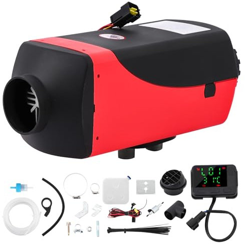 Chauffage Diesel 3KW 12V/24V, Chauffage Diesel Tout en Un, Chauffage à Air Diesel Portable avec Interrupteur LCD et Télécommande pour Véhicules RV Camion Bateau Bus Camping-cars Caravanes Rouge+Noir