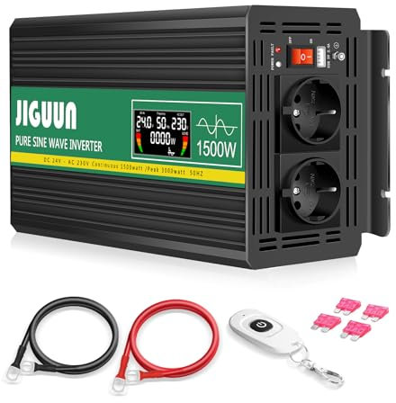 JIGUUN 1500W Convertisseur 24V 220V Pur Sinus Onduleur transformateur Puissance crête 3000W avec Télécommande sans Fil Écran LCD 2 Prises EU 1 Port USB pour Voiture Camping Voyage Urgence