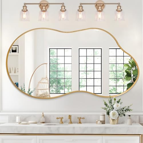 JJUUYOU Espejo de pared asimétrico grande con marco de metal irregular, moderno y único, espejo de tocador decorativo para baño, dormitorio, sala de estar, entrada, pasillo, 55 x 100 cm, dorado