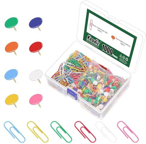 Keadic 1000Pcs Vinyl-Coated Thumbtacks & Paper Clips, Bürobedarf Set, 500 Bunte Papierclips + 500 Vinyl-beschichtete Reißnägel, Pinnadeln & Büroklammern für Büro, Schule und Dokumentenorganisation