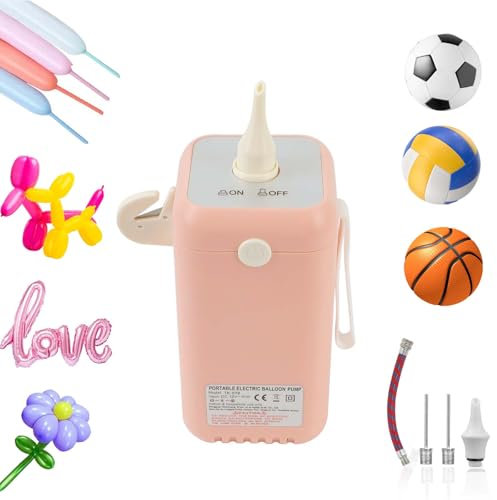 PlusFive Elektrische Ballonpumpe für Modellierballons, Tragbare Ballonpumpe Elektrisch Ball pumpe mit Ballpumpe Nadeln Luftballonpumpe für 260Q Lange Ballons Folienballons Sportbälle Party Deko(Rosa)