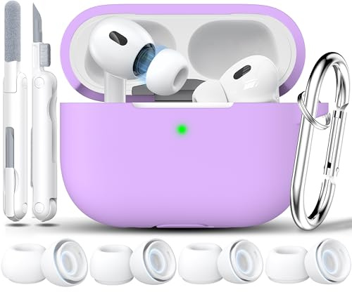 RFUNGUANGO Kompatibel mit AirPods Pro 2 Hülle (2023/2022/2019), weicher Silikonschutz für AirPod Pro Hülle (USB-C/Lightning-Kabel) mit Reinigungsset und Ohrstöpseln, Hellviolett