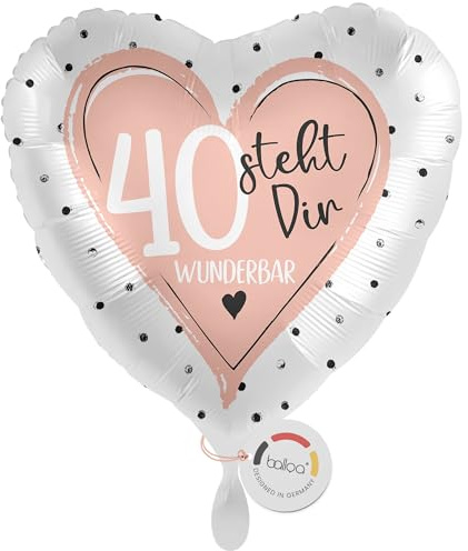 balloa Herzballon zum 40. Geburtstag in Rosa, XXL Folienballon, 53 cm | Zahl 40 mit Schriftzug steht dir wunderbar in Rosa, Herzform, XXL, heliumgeeignet, ungefüllt, elegante Geburtstagsdeko
