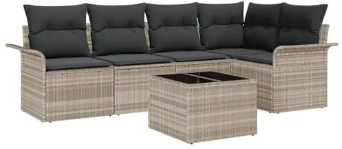 vidaXL Garten-Sofa-Set mit Kissen 6 pcs Hellgrau Poly Rattan, Modulares, modernes Garten-Sofa-Set, flexibel einsetzbare Couch, wetterfeste Möbel für Deine Terrasse
