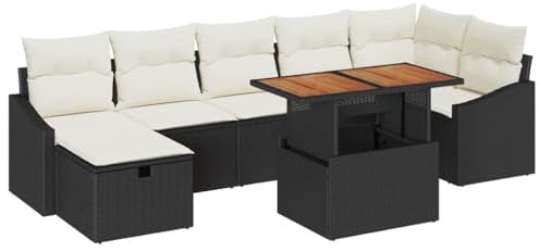 vidaXL Garten-Sofa-Set mit Kissen 8 pcs Schwarz Poly Rattan, Garten und Terrasse, modernes Set, verstellbare Füße, Outdoor-Sofa, modulare Sitzgelegenheit, wetterfestes Lounge