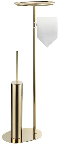 BGL Juego de escobillas de baño de pie con soporte para papel higiénico 3 en 1 con estante, diseño moderno y de acero inoxidable dorado
