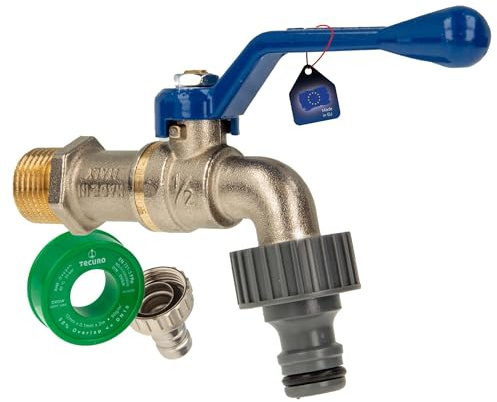 tecuro NO FROST Auslaufkugelhahn 1/2 Zoll, mit Schlauchkupplung und Teflonband, Messing vernickelt