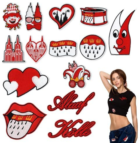 SHUOHONG 14 Stück Bügelflicken Bügelbilder, Köln Karneval Bügelbilder, Rot Weiß Bügelflicken Kölner Karnevals Kostüm, Karneval Flicken zum Aufbügeln Karnevals Deko für Kleidung Jeans Hosen Nähen Hüte