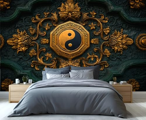 Aufwendig verzierte Yin-Yang-Emblem-Wandtapete – Filigrane und traditionelle Symbolkunst für die Wohnzimmerwand, elegante Tapete mit östlicher Philosophie 400x280cm (Nicht selbstklebend)