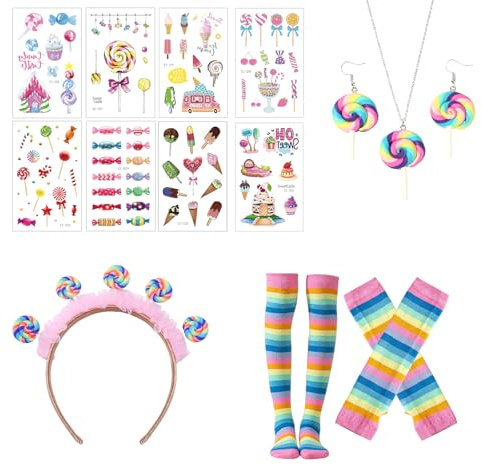 MUNSKT Lollipop Kostüm Bonbon Kostüms Lollipop Haarreif Haarschmuck Fingerlose Handschuhe Ohrringe Halskette Tattoos für Bonbon Strumpfhose Candy Girl Kostüm Damen Halloween Fasching Karneval