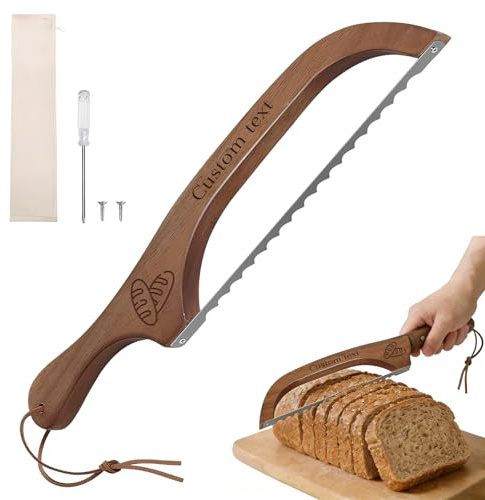 WBW Personalised Bread Knife with Name/Text Wood Bread Slicer with Bow Design Bread Knife for Homemade Bread Gift for Birthday Mother's Day Wedding Housewarming (Dark Wood Grain)