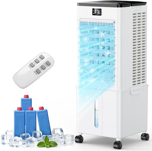 Portable Air Conditioner,4-in-1 AC Unit with 3 Speeds, 12H Timer, 60° Oscillation, 35dB Quiet, Remote Control, 10L Water Tank & 4 Ice Packs,60W Evaporative Air Cooler for Home & Office Bedroom（White）