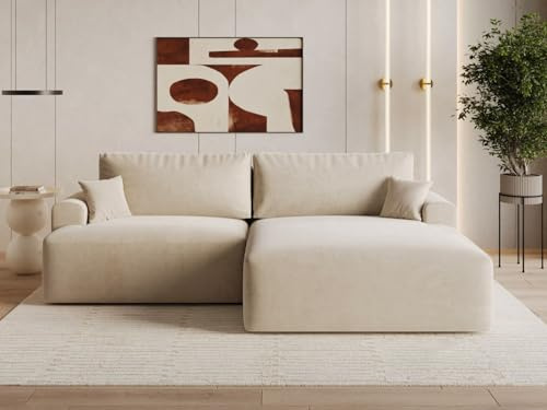GRAINGOLD Serene L Ecksofa modern mit Bettfunktion, 259x145 cm, L-Form Sofa, Schlafcouch für Wohnzimmer, Velvet-Stoff, 3-Sitzer Eckcouch, Ecksofa mit Bettkasten (Beige, Rechts)