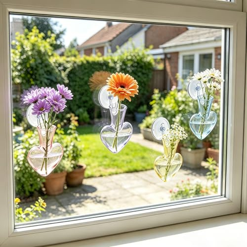 Bourske Jarrón de pared para plantas de interior de cristal con forma de corazón, 4 unidades: jarrones de cristal transparente de colores con ventosa y clavos, propagación de pared/ventana para