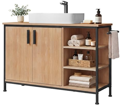 EUGAD Armario Baño Bajo Lavabo con Toallero, Mueble Almacenamiento Baño con 1 Armario y 3 Zonas Abiertas, 90x30x60 cm, con Abertura de Sifón 20x15 cm, Armazón Metálico, Roble Claro + Negro