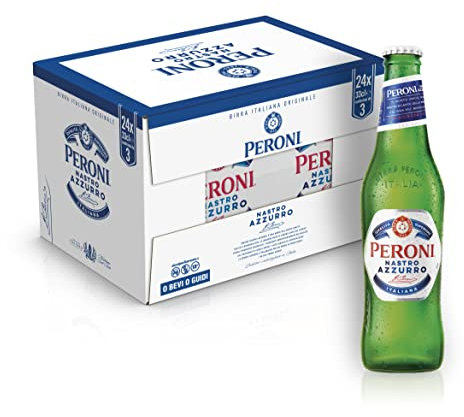 Peroni Nastro Azzurro, Cassa con 24 Bottiglie di Birra da 33 cl, Birra Premium Lager a Bassa Fermentazione, Gusto Secco e Rinfrescante, Gradazione Alcolica 5% Vol