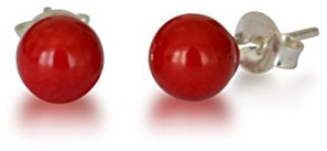 Koralle Ohrstecker, natürlich, rot, rund, 8mm, 925 Silber