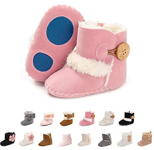 Stivaletti Invernali con Bottoni Design per Bambini Fondo Morbido Antiscivolo Stivali da Neve Bambino Cotone Piatto Pelliccia Scarpe Calde (0-6 mesi, Rosa)