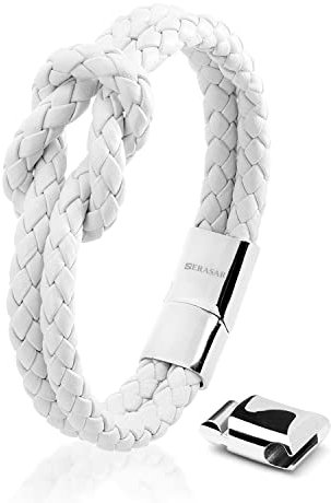 SERASAR Armband Damen Weiß 16cm - Leder Frauen Echt Geschenk Schachtel Knoten Schmuck Armbänder Armkette Freundin Schwester Mädchen Partner Geschenke Pärchen Paar Mama
