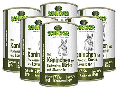 Schecker Nassfutter - Hundemenü mit (71%) Kaninchen - Buchweizen - Kürbis - getreidefrei - nur 4,8% Fett 6 x 410 g