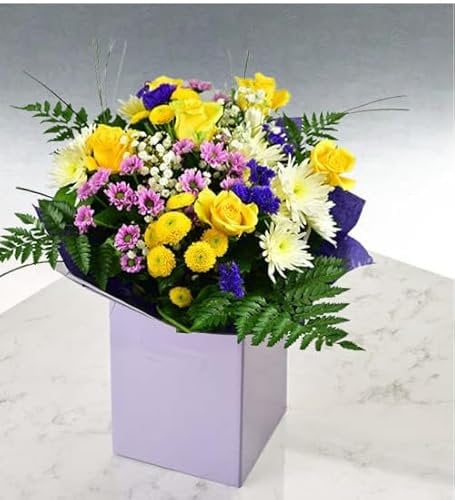 Cheers Fresh Flowers Delivery Bouquet Yellow Roses, Pink Alstroemeria, Baby’s Breath | Elegant seasonal Hand-Tide of Blooms, Delivered Tomorrow, for Birthday, Mother’s Day, Anniversary, Gift