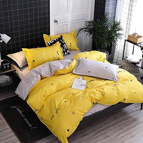 Loussiesd Wimpern Muster Bettwäsche Set 200x200cm Süß Kinderbettwäsche Gelb Grau Mädchen Frauen Bettbezug Set Sterne drucken Reversibel Bettwäsche Teenager mädchen 100% Mikrofaser mit 2 Kissenbezug