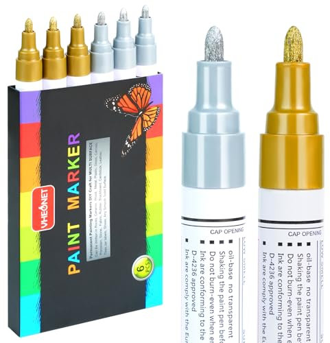 AVAVA 3 Gold and 3 Sliver Paint Pens, Oil Based Waterproof Paint Markers Pen, Medium Tip Permanent Marker Pens for Rocks Painting, Fabric, Metal, Glass, Wood, Plastic, Ceramic, Mugs, DIY Craft