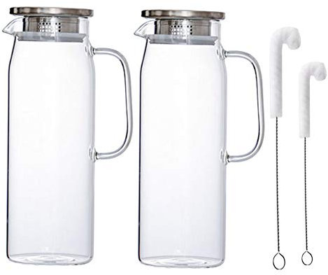 Carafe Filtrante en Verre, Carafe Réutilisable Verre 1,5L, Pichet d'eau en Verre Borosilicaté avec Brosse et Acier Inoxydable Vouvercle(2 PAQUET)