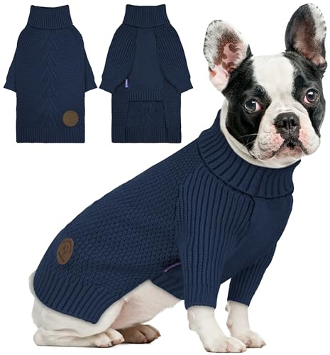 cyeollo Warm Small Dog Sweater, Knit Cold Weather Doggy Sweaters for Small Dogs Boy Pullover Winter Dog Clothes with Turtleneck for Indoor & Outdoor Wear, Navy M