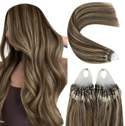 YoungSee Microring Extensions Echthaar Braun 60cm Microring Loop Extensions Micro Ring Extension Dunkelbraun Gesträhnt Blond Micro Loop Haar Microring Haarverlangerung Echthaar 50g 50 Strähnen #P4/27