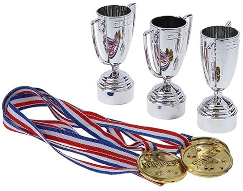 Multi sport Award Plastic Golden Trophy Cups Lightweight Award Medals For Party Favors Props Winning Prizes Competitions Medals With Neck Ribbons Olympic Style For Kids And children (3 trophy cups)