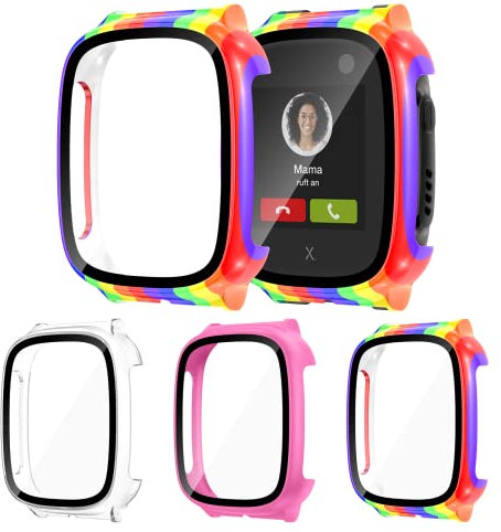 [3Stück] Kamita Hülle für XPLORA X5 Play Schutzhülle mit Displayschutz aus 9H Gehärtetem Glas, Rundum Hart PC Bumper Case Stoßfest Schutz Gehäuse für Xplora X5 Kinder Uhr (Klar+Rosarot+Regenbogen)