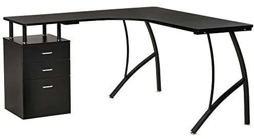 HOMCOM Escritorio Esquinero para Ordenador Escritorio en Forma de L con 3 Cajones Mesa Moderna para Oficina Estudio 143,5x143,5x76 cm Negro